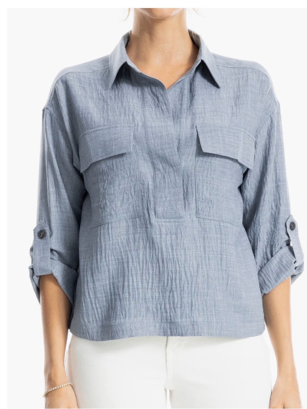 NWT Max Studio Textured Boxy Fit Roll Tab Long Sleeve Top Size Large
